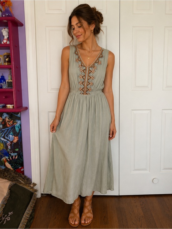 POL Dresses & Skirts - POL Sage Green Sleeveless Embroidered Maxi Dress